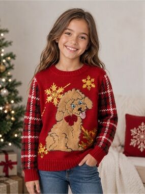 Red Holiday Dog Sweater with Plaid Sleeves Christmas Ugly Sweater